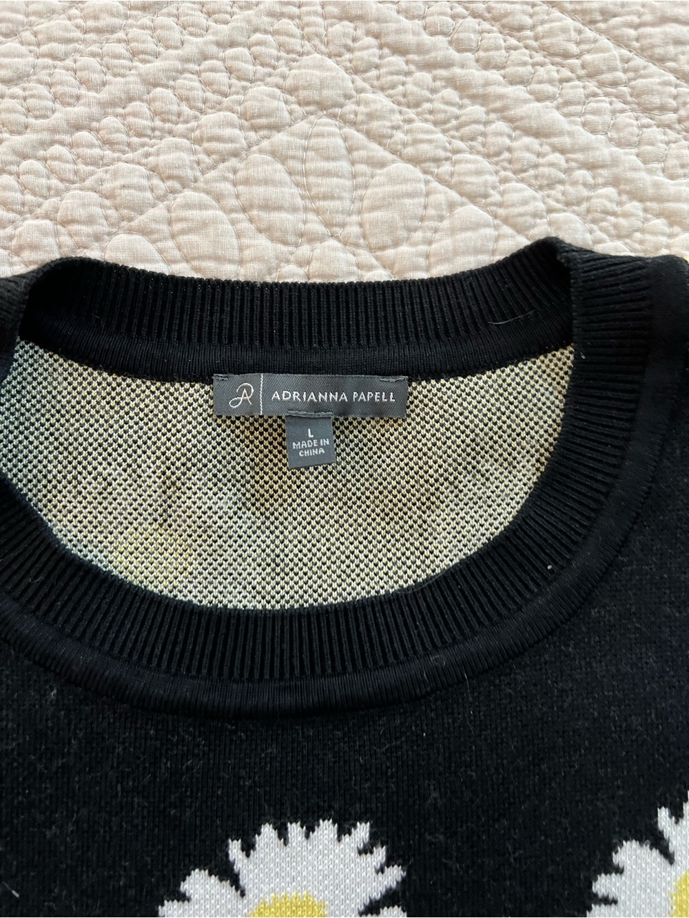 Adrianna Papell Black Crewneck Sweater with White & Yellow Daisy Pattern - Picture 3 of 5